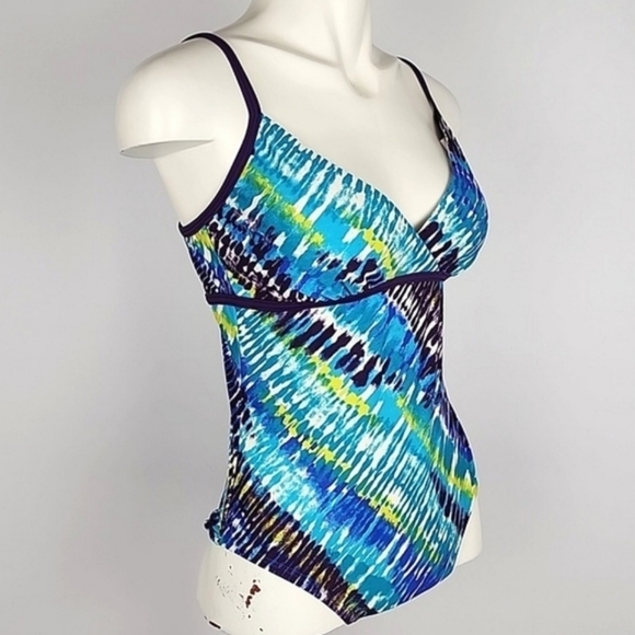 Speedo One Piece Swimsuit Multi Blue Teal  Trim V-Neck Adjustable Straps Size 8 - Picture 3 of 14